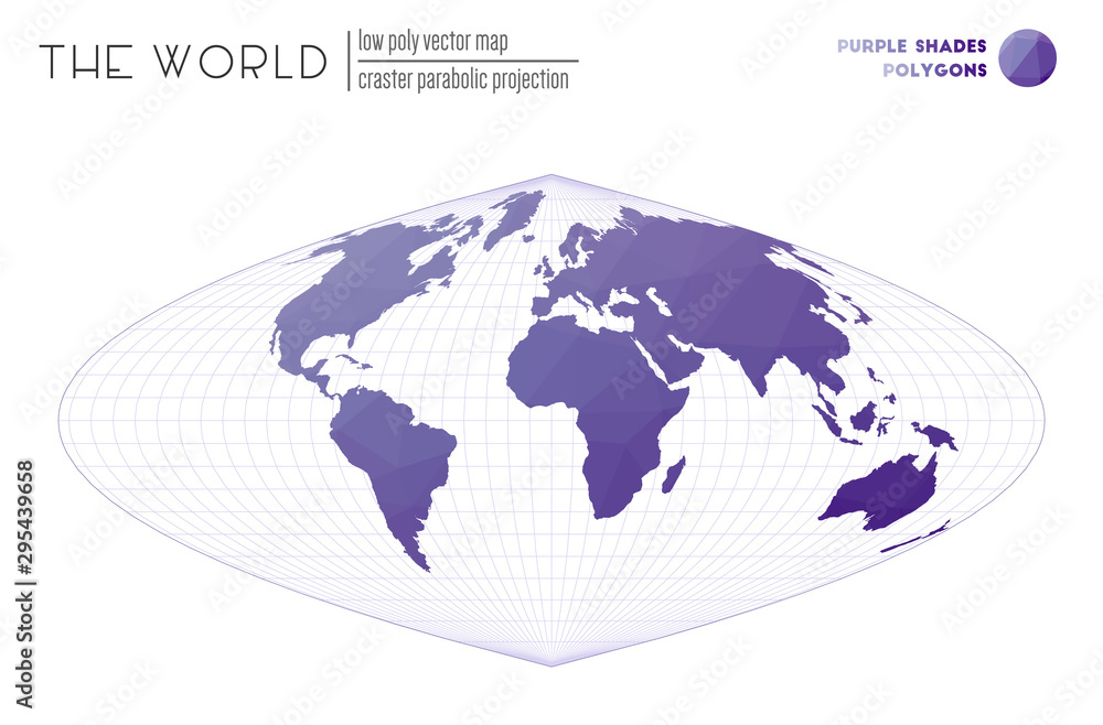 World map in polygonal style. Craster parabolic projection of the world. Purple shades colored polygons. Stylish vector illustration. World map in polygonal style. Craster parabolic projection of the world. Purple shades colored polygons. Stylish vector illustration.
