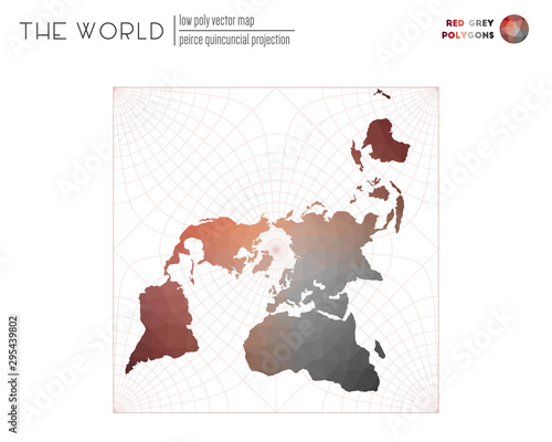 Polygonal map of the world. Peirce quincuncial projection of the world. Red Grey colored polygons. Elegant vector illustration.