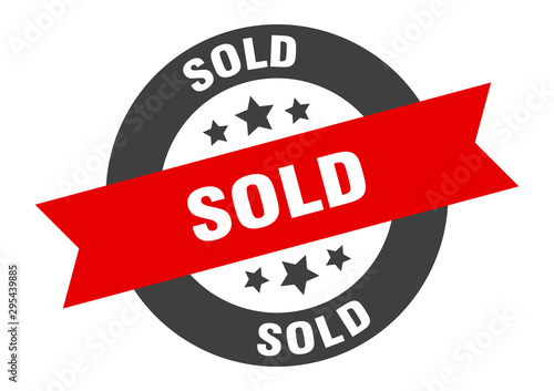 sold sign. sold black-red round ribbon sticker