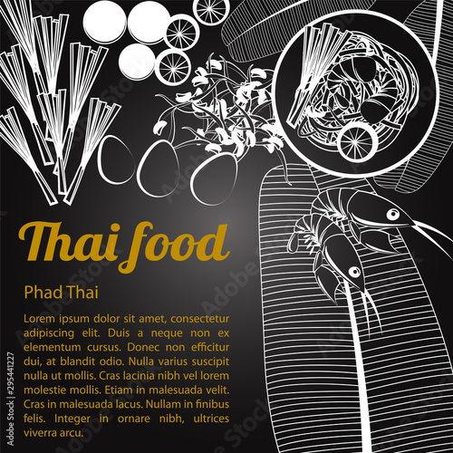 Thai delicious and famous food fried noodle Pad thai stick with shrimp with isolated black background and ingredient,black and white gray scale style,vector illustration