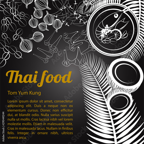 Thai delicious and famous food.river prawn spicy soup Tom yum kung and ingredient with isolated black background,black and white gray scale style,vector illustration