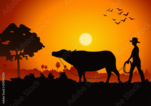 sunset landscape and country life with a man lead buffalo around with tree.countryside of east lifestyle.vector illustration