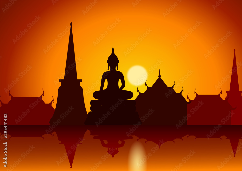 sunset with Thai Buddha temple and riverside.Asian lifestyle,vector illustration