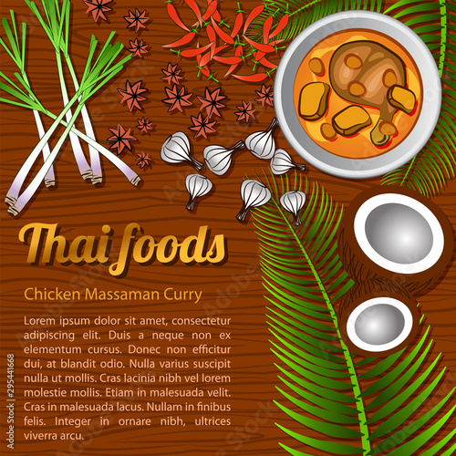 Thai delicious and famous food Chicken Curry Massaman with wooden background and ingredient,vector illustration