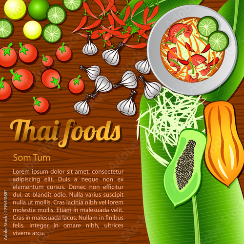 Thai delicious and famous food papaya salad Som Tam and ingredient with wooden background,vector illustration
