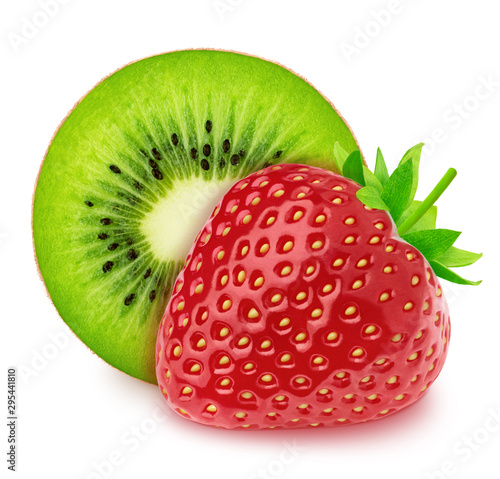 Composite image with halved kiwi and strawberry isolated on a white background.