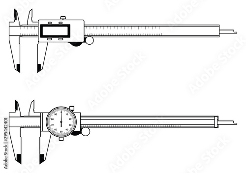 Digital caliper and dial caliper. Measuring tool. Vector thin line photo
