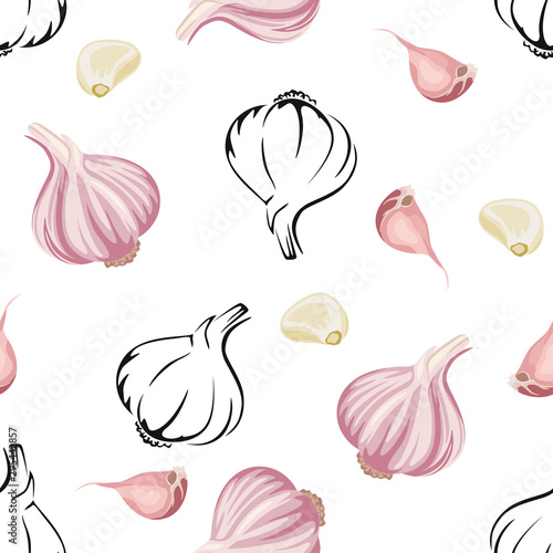 Garlic seamless pattern. Vector color illustration of garlic bulb and cloves on a white background. Black and white outline icon.