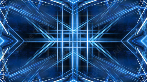 Abstract light tunnel, blue background, stage, portal with rays, neon blue light and spotlights. Dark empty scene with cold neon. Symmetric reflection, perspective. 3D rendering.