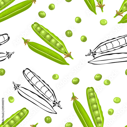 Green pea seamless pattern isolated on white background. Vector color illustration of legumes in cartoon flat style and black and white outline.