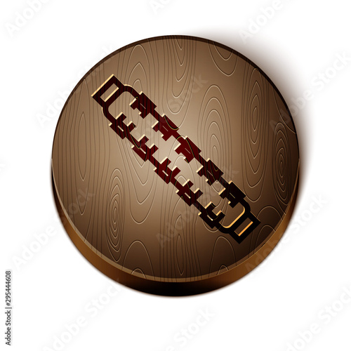 Brown line Hunting cartridge belt with cartridges icon isolated on white background. Bandolier sign. Hunter equipment, armament. Wooden circle button. Vector Illustration
