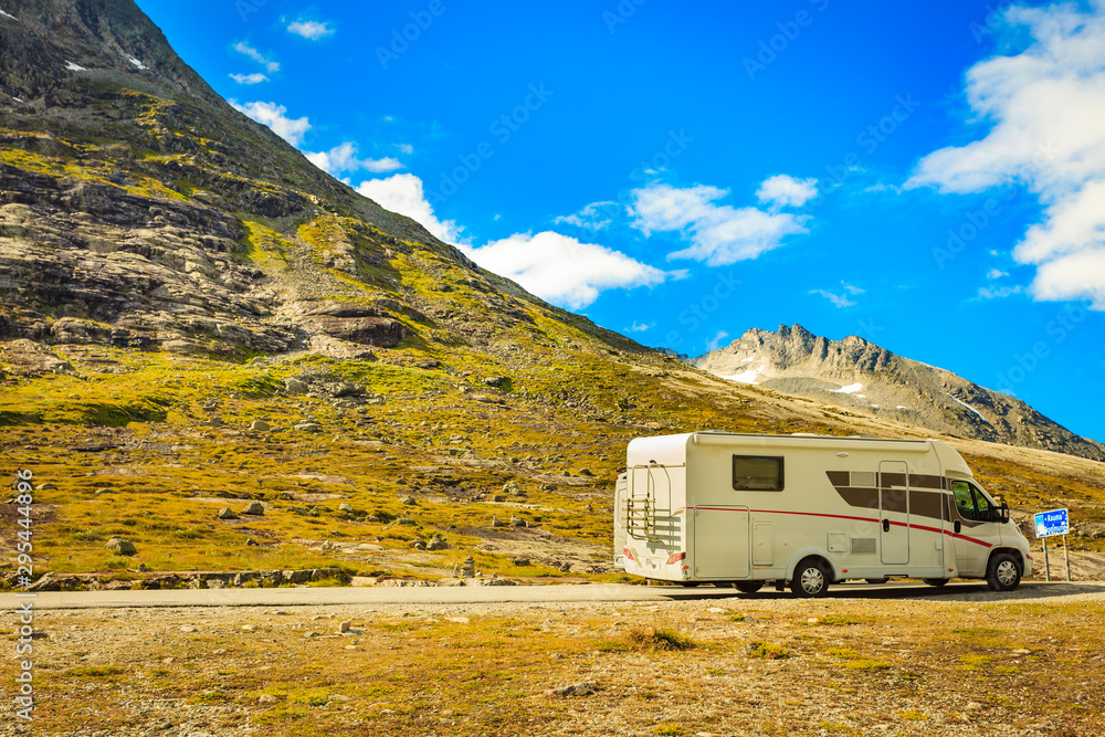 Camper car in mountains on roadside
