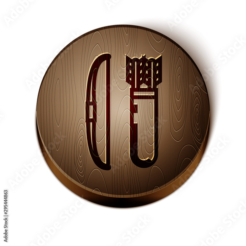 Brown line Bow and arrow in quiver icon isolated on white background. Wooden circle button. Vector Illustration