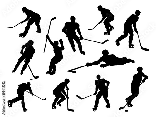 A set of detailed silhouette hockey players in lots of different poses
