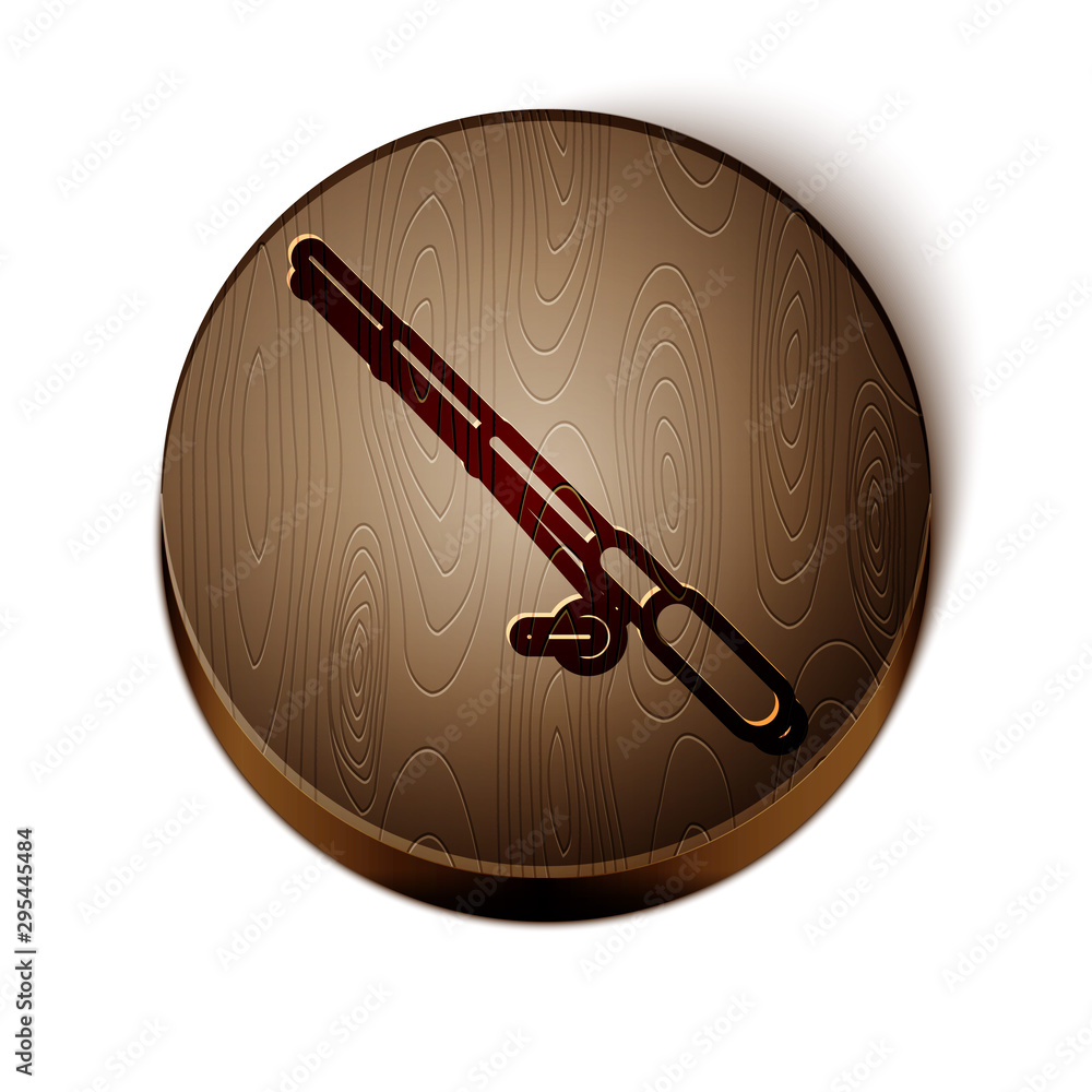 Brown line Fishing rod icon isolated on white background. Fishing equipment  and fish farming topics. Wooden circle button. Vector Illustration Stock  Vector