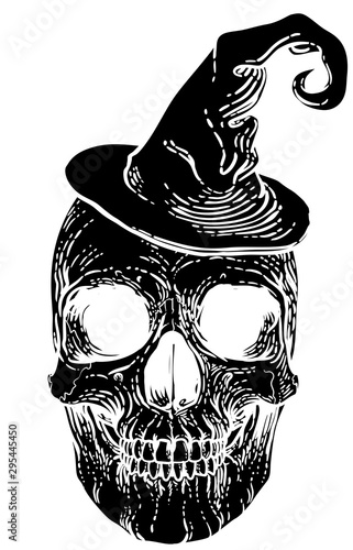 A Halloween skull wearing a witch hat in a vintage retro woodcut style