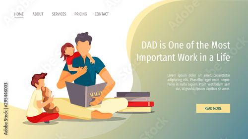 Web page design for Happy family, Childhood, Parenthood. Father and children are sitting and reading book. Vector illustration for poster, banner and website development.