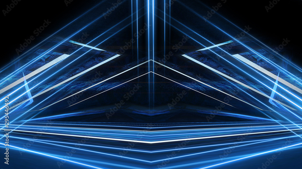 Abstract light tunnel, blue background, stage, portal with rays, neon blue light and spotlights. Dark empty scene with cold neon. Symmetric reflection, perspective. 3D rendering. - obrazy, fototapety, plakaty 