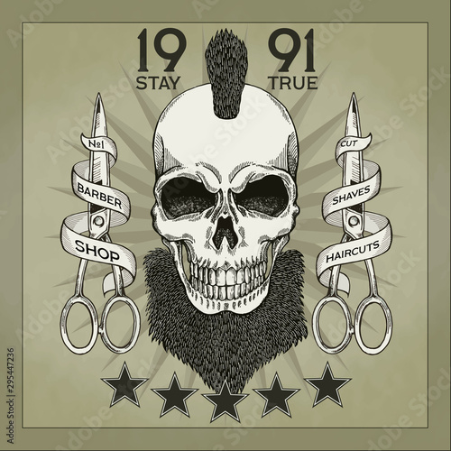Vintage, hipster skull barbershop logo in old style, vector.
