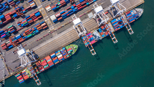 Container ship is loading in a port, Aerial top view container ship.