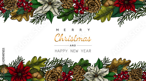 Merry Christmas and New Year backgrounds and greeting card with flower and leaf drawing illustration.