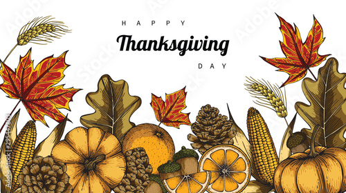 Thanksgiving day backgrounds and greeting card with flower and leaf drawing illustration.