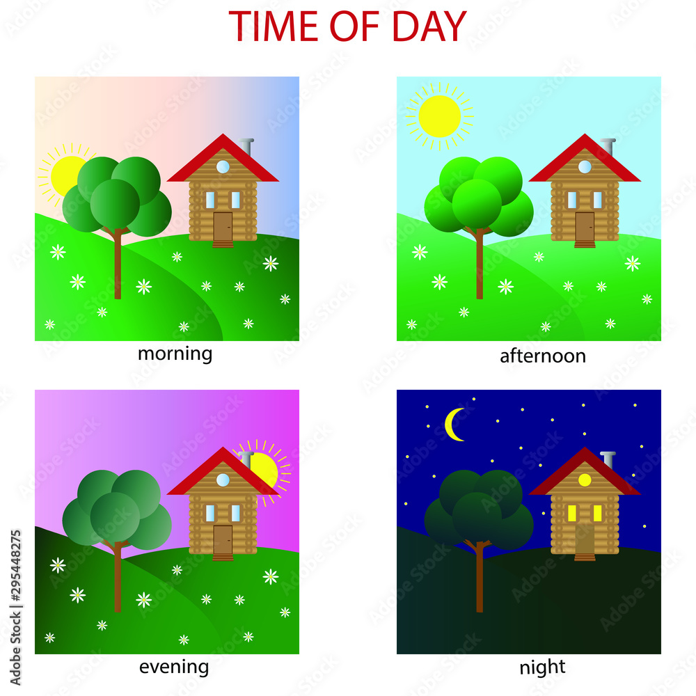 Images of the time of day. Morning, afternoon, evening, night. With ...