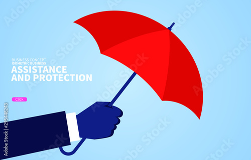 Aid and protection, huge hand holding a red umbrella