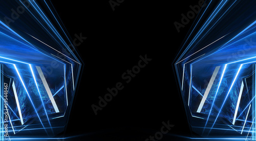 Abstract light tunnel  blue background  stage  portal with rays  neon blue light and spotlights. Dark empty scene with cold neon. Symmetric reflection  perspective. 3D rendering.