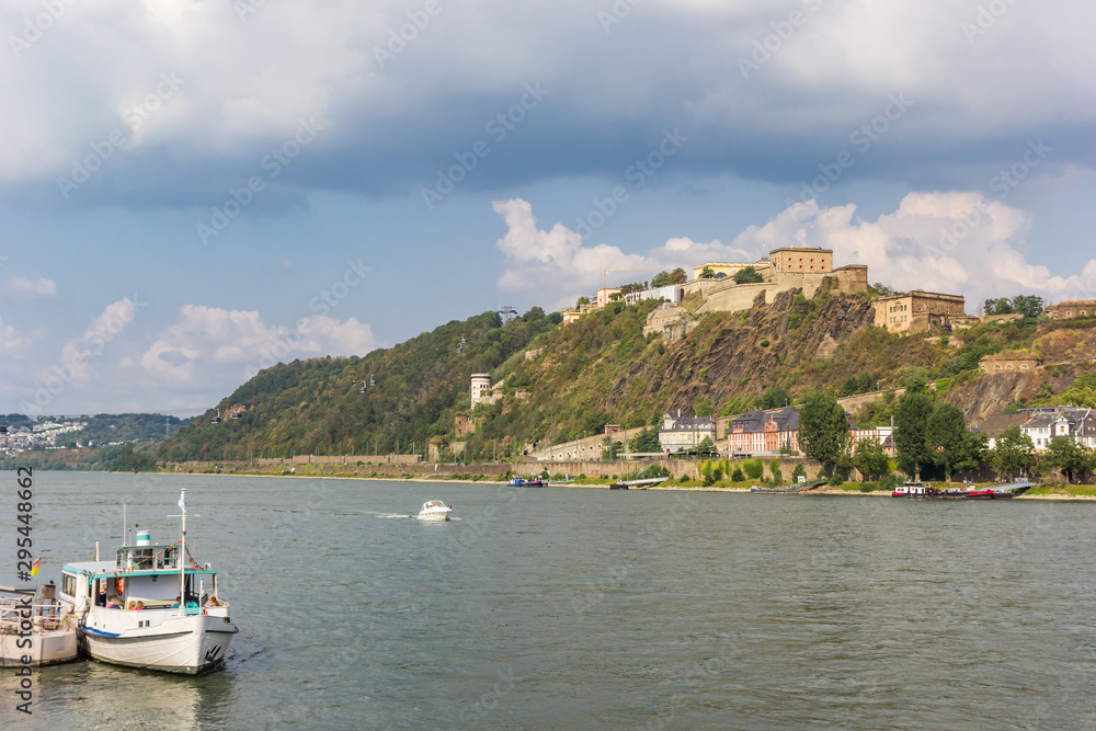 Little tourist boat at the river Rhine in Koblenz, Germany