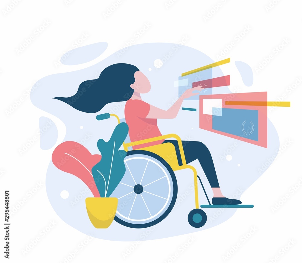 Girl in a wheelchair works and studies online.