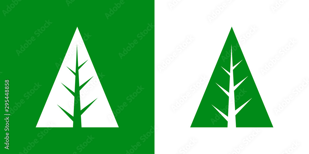Logotipo con árbol abstracto triangulo con tronco y ramas en espacio negativo en verde y blanco