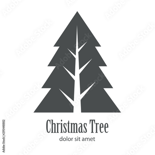 Logotipo con texto Christmas Tree con árbol abstracto triangulo con tronco y ramas en espacio negativo en color gris