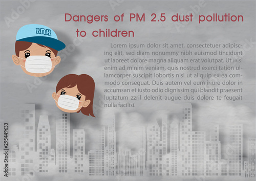 Head of boy and girl in cartoon character with warning word of event and example texts on PM 2.5 dust pollution and landscape building city view on gray background. All in vector and paper cut design.