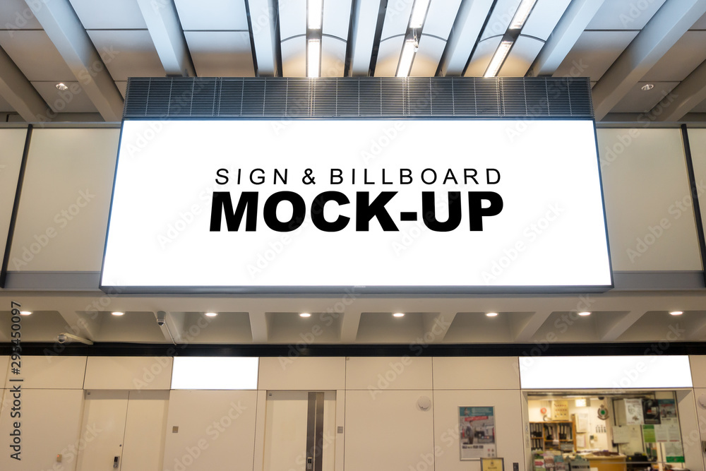 Mock up large billboard frame hanging from ceiling of hall Mock up large billboard frame hanging from ceiling of hall