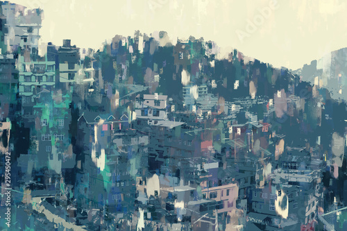 Abstract painting of city on hill, digital illustration, acrylic texture on image