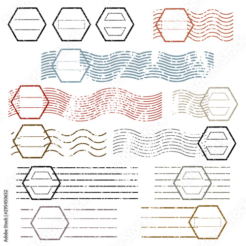 ็Hexagon vintage blank postal stamps and foliage set.illustration vector
