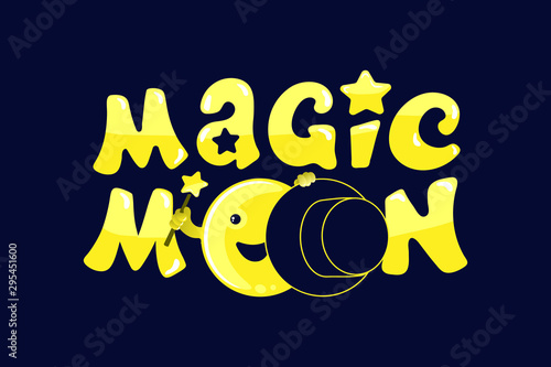 Moon phases, kawaii moon and magic show with magic hat. Cute comic with a waning moon and a waning moon. Vector illustration on a black background.