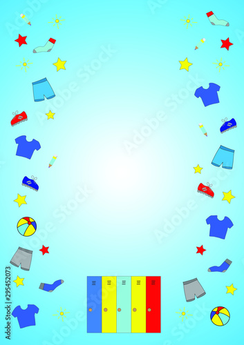 Hand-drawn colored vector template, frame for list of the boy lockers in kindergarten, sports school with elements of clothes and personal things on blue background. Blank A4 format