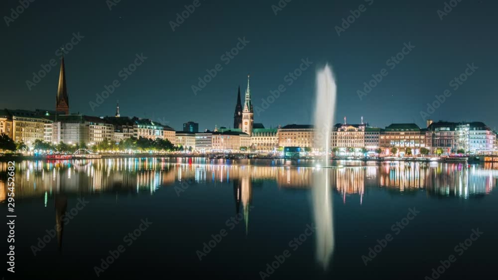A panoramic view of the Hamburg skyline of the Binnenalster taken from Lombardsbruecke Night hyperlapse view of the central part of the old city of Hamburg A panoramic view of the Hamburg skyline of the Binnenalster taken from Lombardsbruecke Night hyperlapse view of the central part of the old city of Hamburg