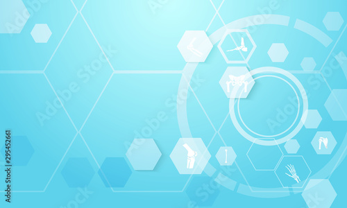 Abstract geometric hexagons Medical infographic orthopedic anatomy concept background. spine, pelvis, knee, foot, shoulder, elbow, hand, humerus bones and joints,Orthopedics. Vector illustration