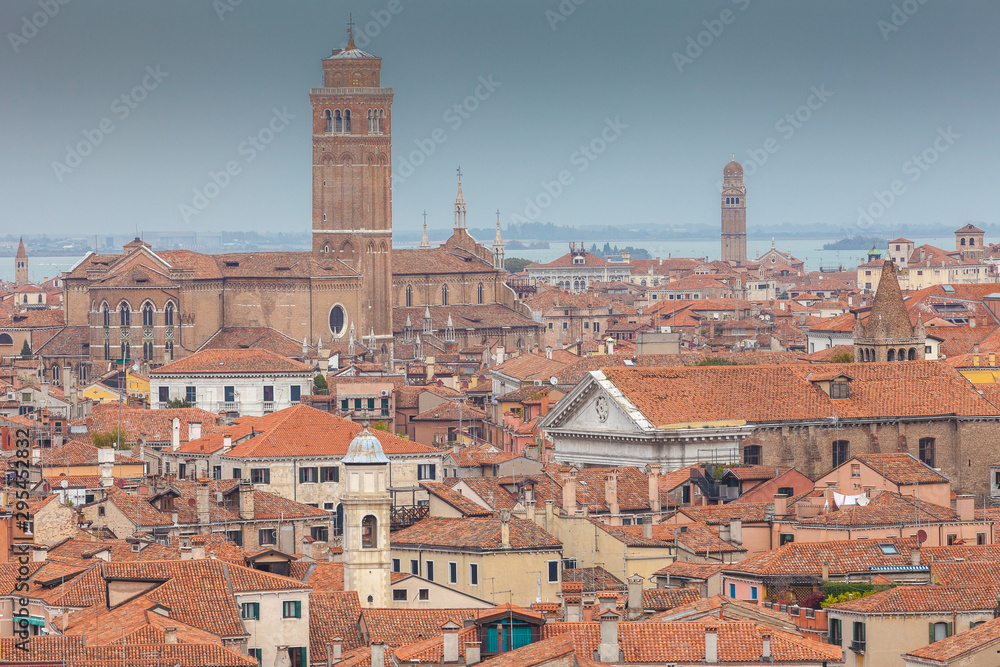 Aerial view of San Barnaba church and Frari Basilica, Venice, Italy