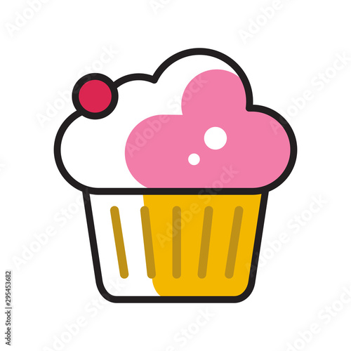 simple flat linear icon, vector illustration of cupcake with cream topping and red berry on top, good as menu icon or cafe logotype.