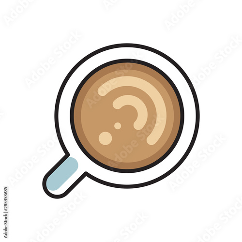 simple flat linear icon, vector illustration of flat lay cup of cappuccino coffee, good as menu icon or cafe logotype.
