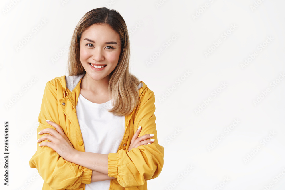 We can deal together. Cheerful cute supportive asian charismatic girl smiling delighted toothy white perfect smile cross arms chest look camera assertive determined aim success, white background We can deal together. Cheerful cute supportive asian charismatic girl smiling delighted toothy white perfect smile cross arms chest look camera assertive determined aim success, white background