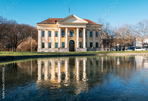 Prinz Carl Palais with reflection in pond in evening in Munich, Bavaria, Germany