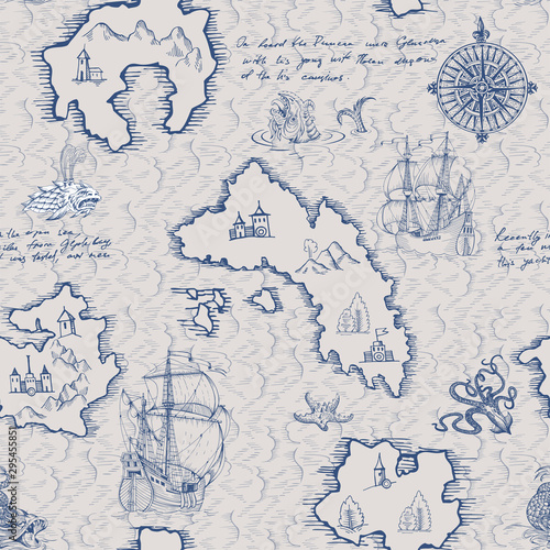 Old caravel, vintage sailboat, sea monster. Seamless pattern