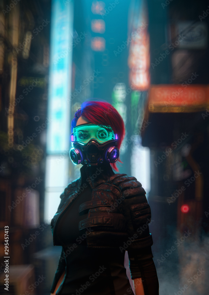3d illustration of a cyberpunk girl wearing futuristic gas mask with filters and green glasses protection from air pollution in stylish leather jacket standing in night city street with shopping malls