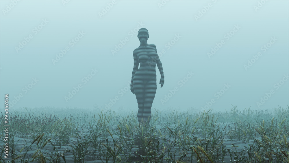 Advanced Black Shape Shifting Alien Being Formed From Small Spheres Walking in a Foggy Watery Void with Reeds and Grass background Front View  3d illustration 3d render  - obrazy, fototapety, plakaty 