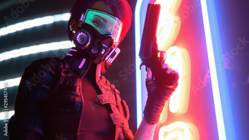 Obraz na plátně 3d illustration of a cyberpunk girl in futuristic gas mask with green glasses in jacket with purple el wire holding a gun in one hand standing near neon light sign on night street with air pollution